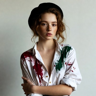 Young woman in paint-splattered shirt and beret