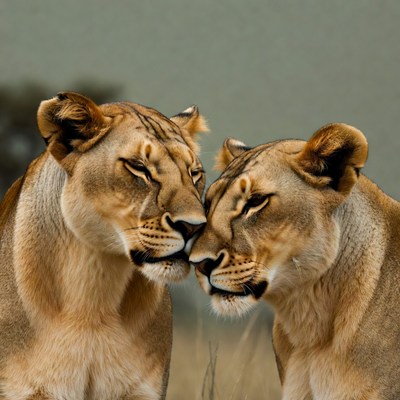 Two lions nuzzling affectionately