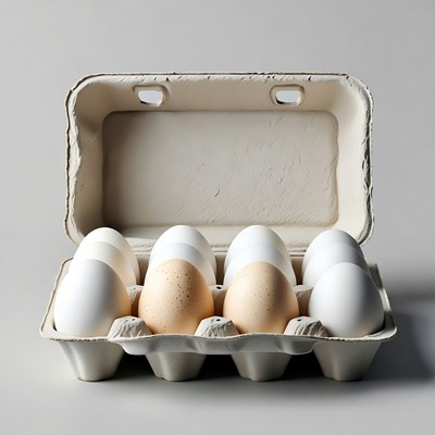 Open egg carton with white and brown eggs