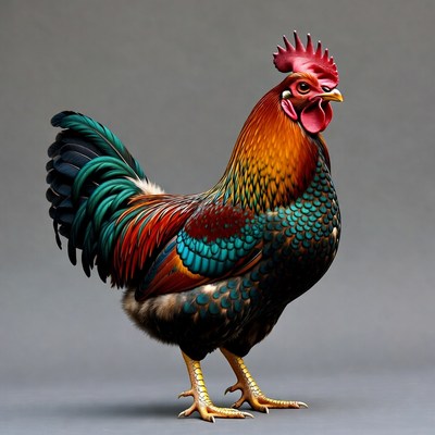 Colorful Rooster Standing on Gray Background