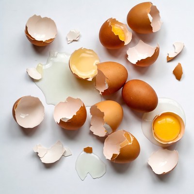 Broken eggs with yolks on white background