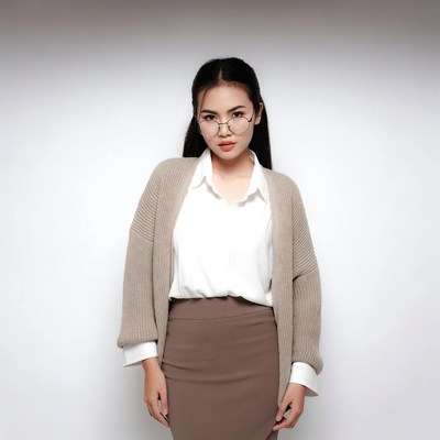Asian woman in beige cardigan and skirt