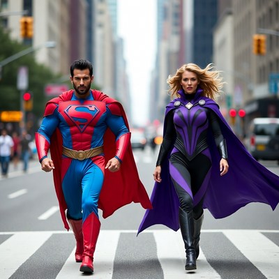 Superman and Supergirl crossing New York street
