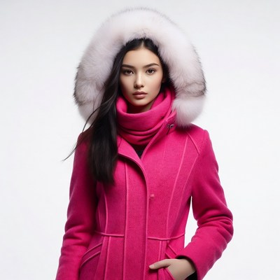 Asian woman in pink fur hood coat