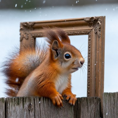 Red squirrel peeking from picture frame