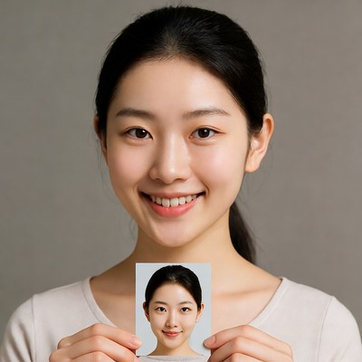 Asian woman holding her photo
