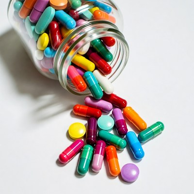 Colorful Pills Spilling from Glass Jar