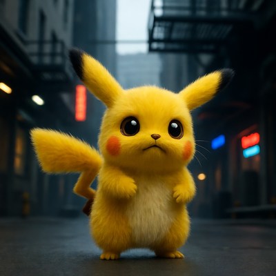 Pikachu standing in rainy city street