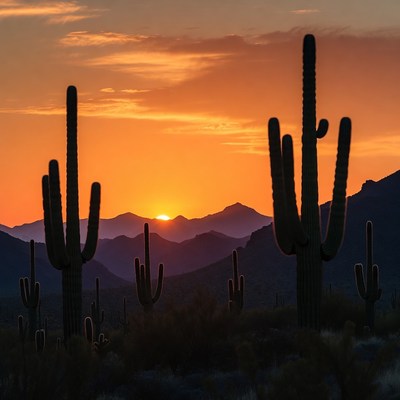 Saguaro Cacti at Sunset with Mountains