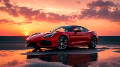 Red sports car at sunset