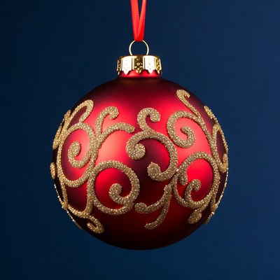 Red Christmas ornament with gold swirls