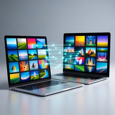 Laptops syncing colorful photos
