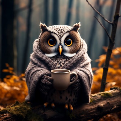 Owl holding coffee cup in forest