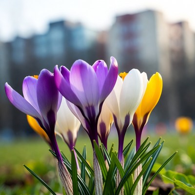 Colorful Crocuses in Grass with City Background