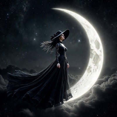 Witch standing on crescent moon