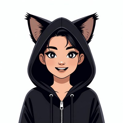 Asian girl in black cat ear hoodie