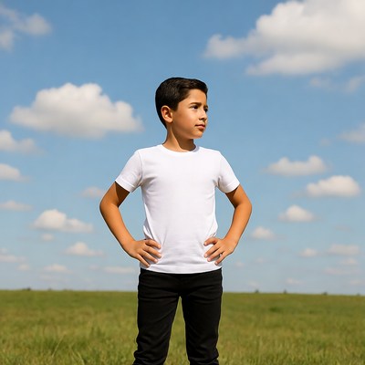 Young boy hands on hips in field