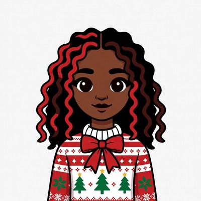 African-American girl in red-trimmed Christmas sweater