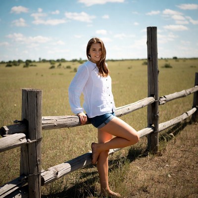 Young woman leaning on wooden fence
