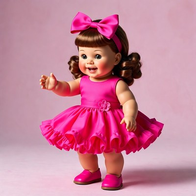 Baby doll in pink dress with bow