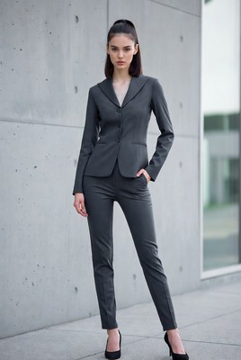 Woman in gray pantsuit against concrete wall