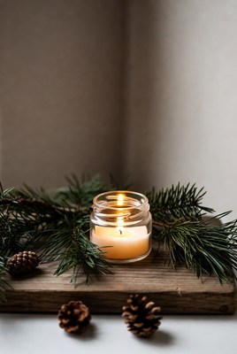 Pine Candle with Pinecones on Wood