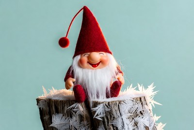 Smiling Gnome on Snowy Stump