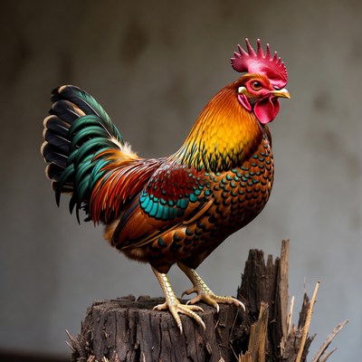 Colorful Rooster Standing on Stump