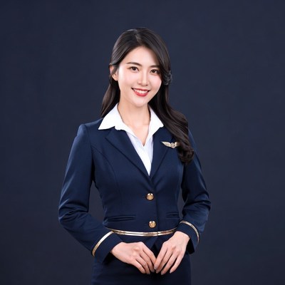 Asian flight attendant in navy uniform