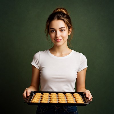Woman holding tray of cookies