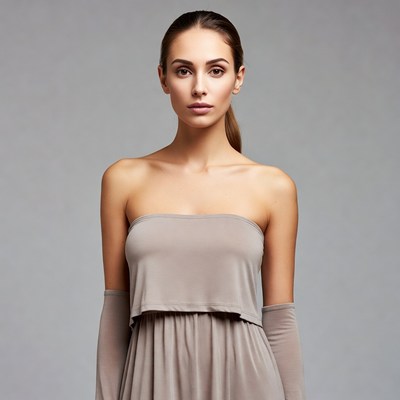 Woman in gray strapless dress