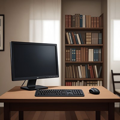 Computer Desk with Bookshelf Background