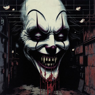 Grinning Horror Clown in Dark Hallway