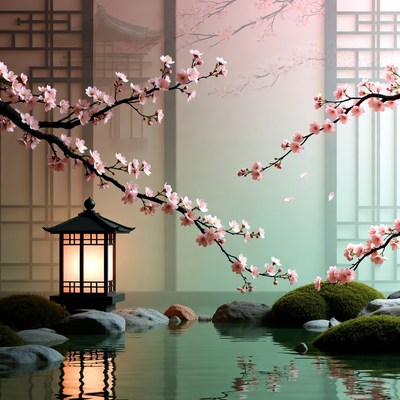 Cherry Blossoms Over Japanese Garden Pond