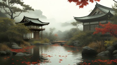 Japanese Pagodas in Misty Autumn Garden