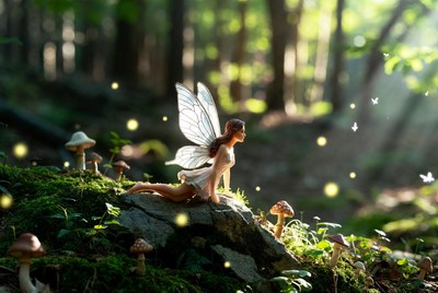 Fairy sitting on rock in forest