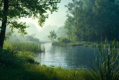 Misty Forest Lake with Reeds