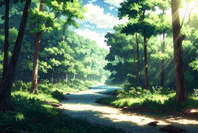 Sunlit Forest Path with Stream