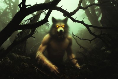 Werewolf howling in misty forest