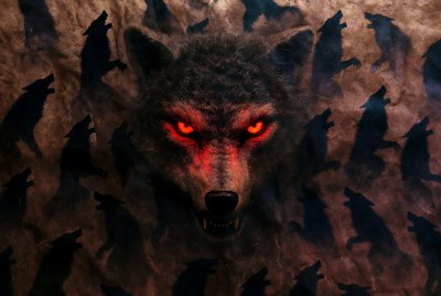 Wolf with red eyes and pack shadows