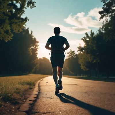 Man jogging on path at sunset