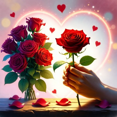 Hand holding red rose with bouquet