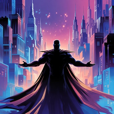Silhouetted Superhero in Neon Cityscape