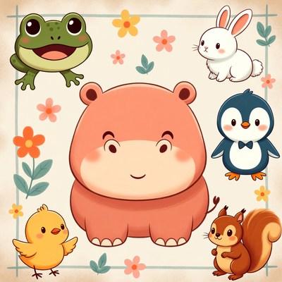 Cute Animals Illustration with Flowers