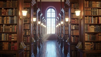 Grand library aisle with sunlight