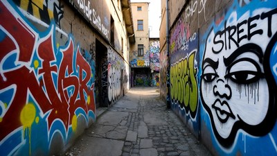 Graffiti-covered narrow urban alley