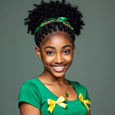 African-American girl with green bow headband