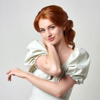 Redhead woman in white puffed sleeve dress