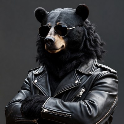 Cool black bear wearing sunglasses jacket