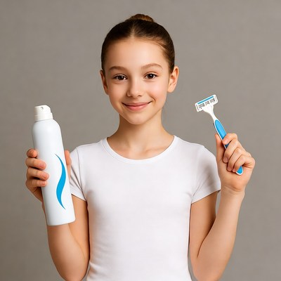 Girl holding shaving cream and razor